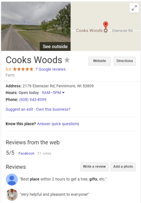 Cooks' Woods Google My Business Listing